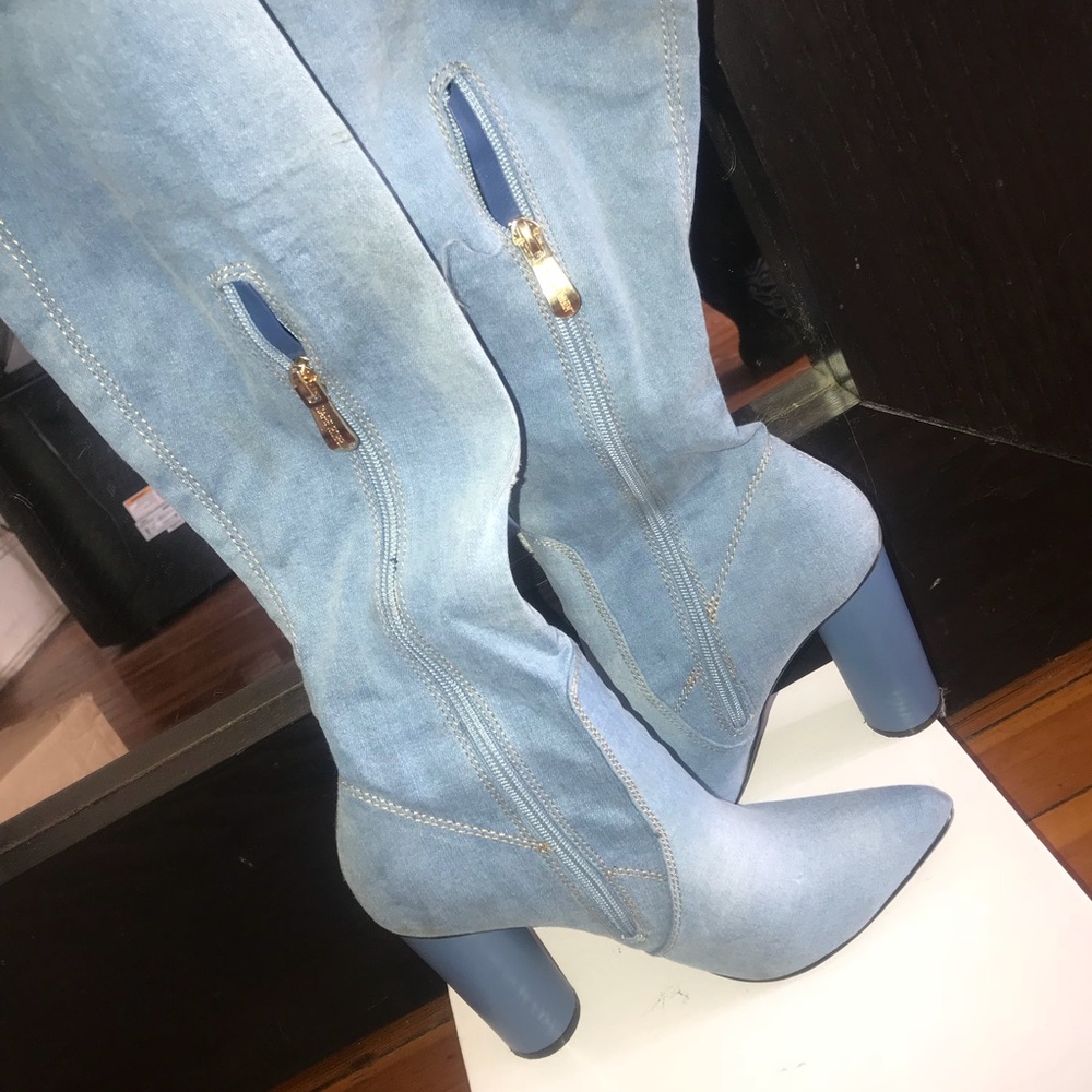 Thigh High Light Denim boot heels